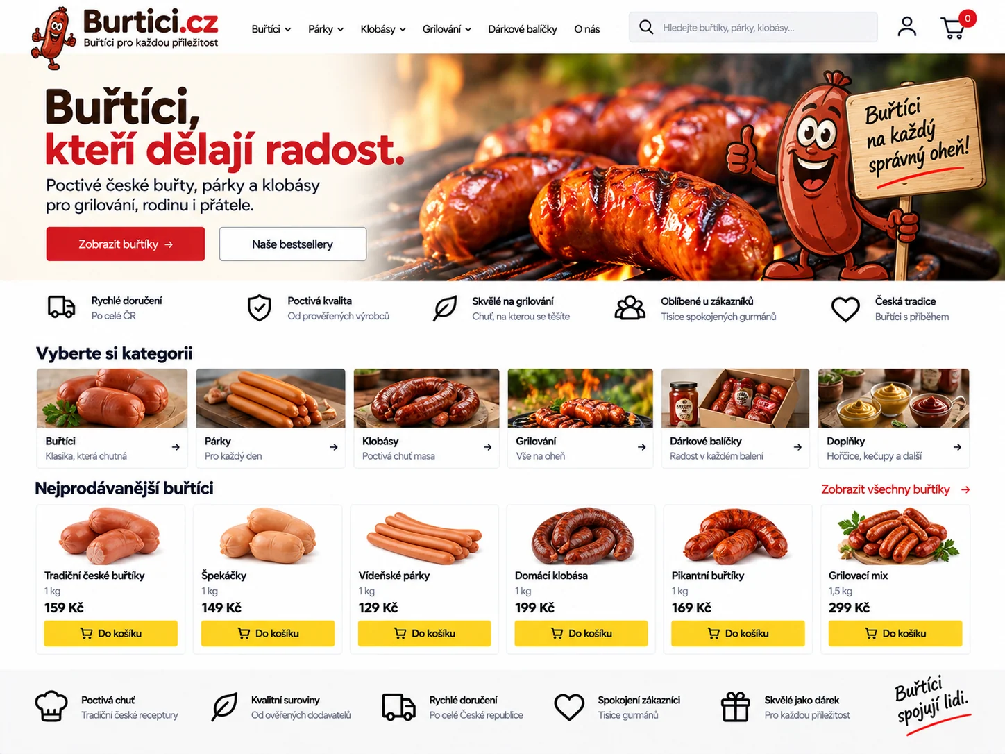 Ilustrační návrh pro Burtici.cz: hravý e-shop s buřty, párky, klobásami a grilovacími balíčky